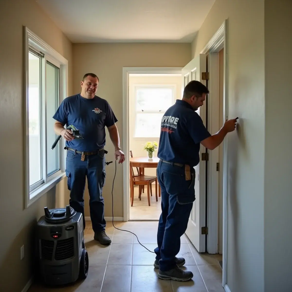 Water damage restoration crew working inside a home in Chatsworth, CA