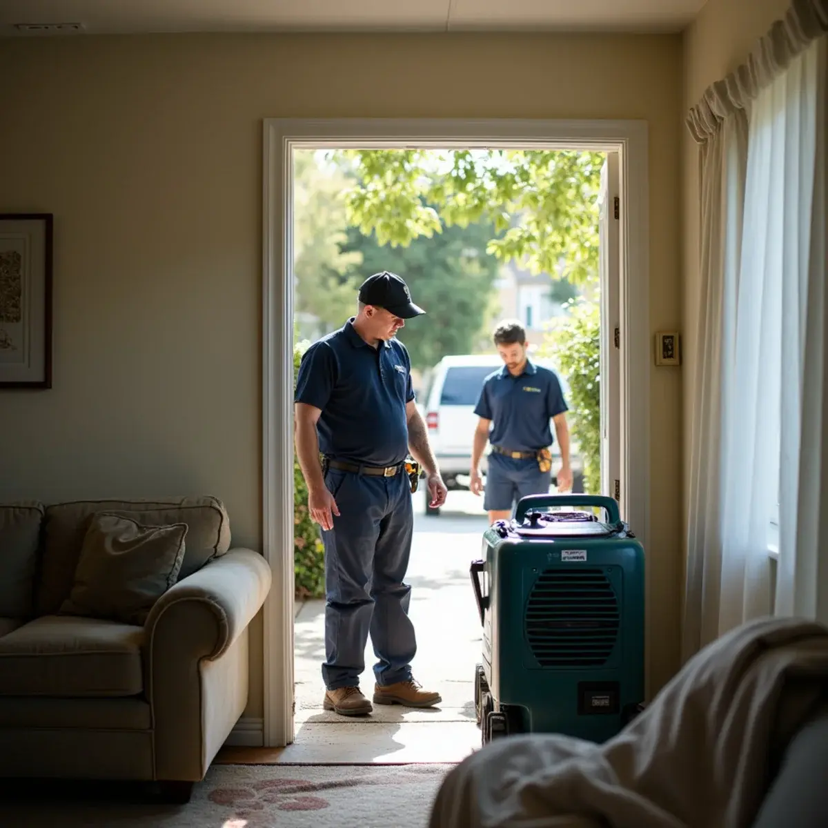 Water damage restoration crew working inside a home in Claremont, CA