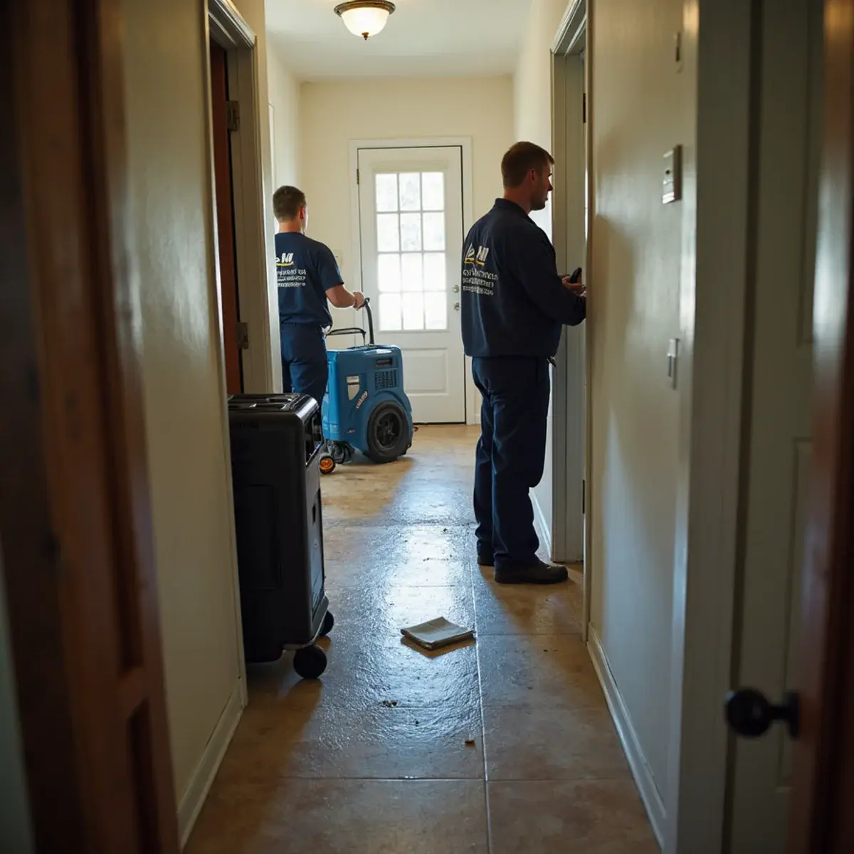 Water damage restoration crew working inside a home in East Los Angeles, CA