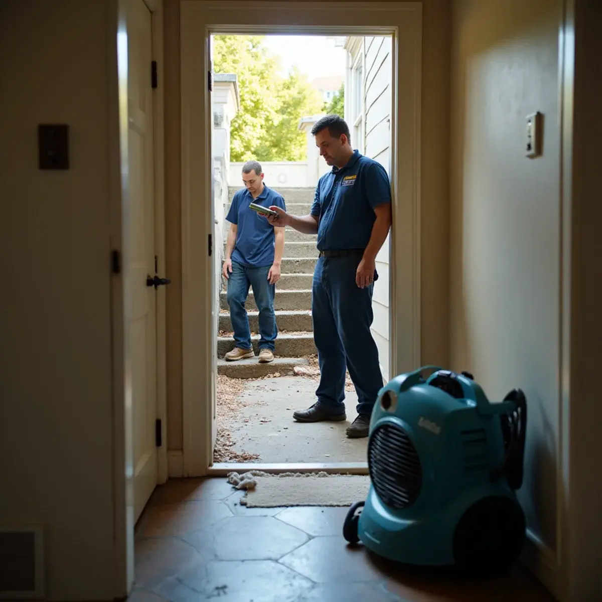 Water damage restoration crew working inside a home in Echo Park, CA