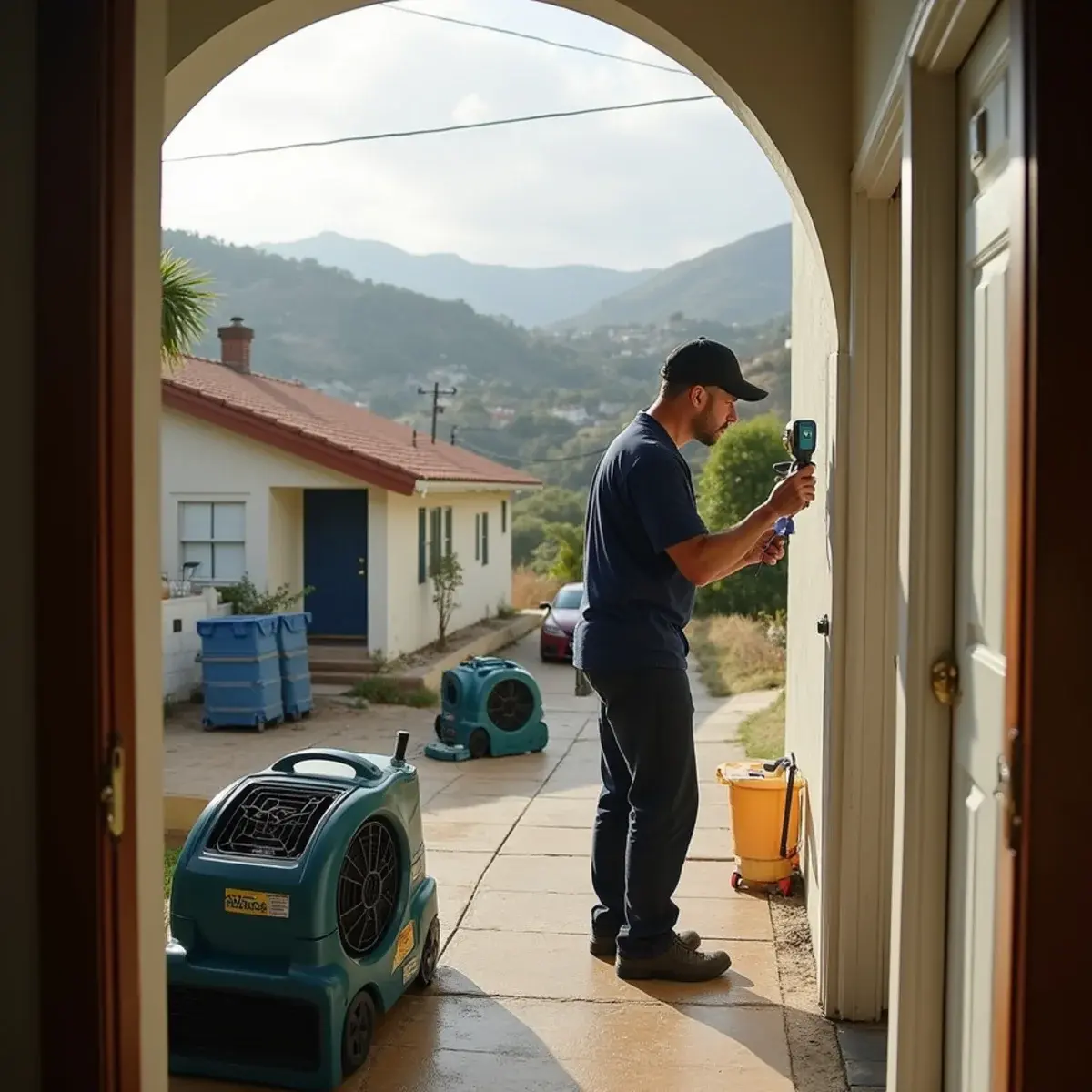 Water damage restoration crew working inside a home in El Sereno, CA
