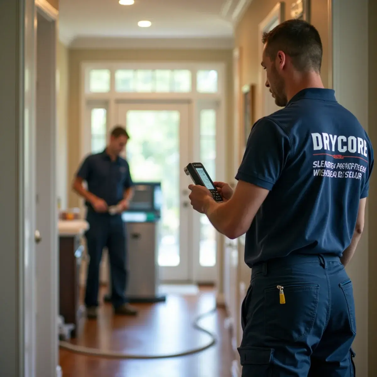 Water damage restoration crew working inside a home in Encino, CA