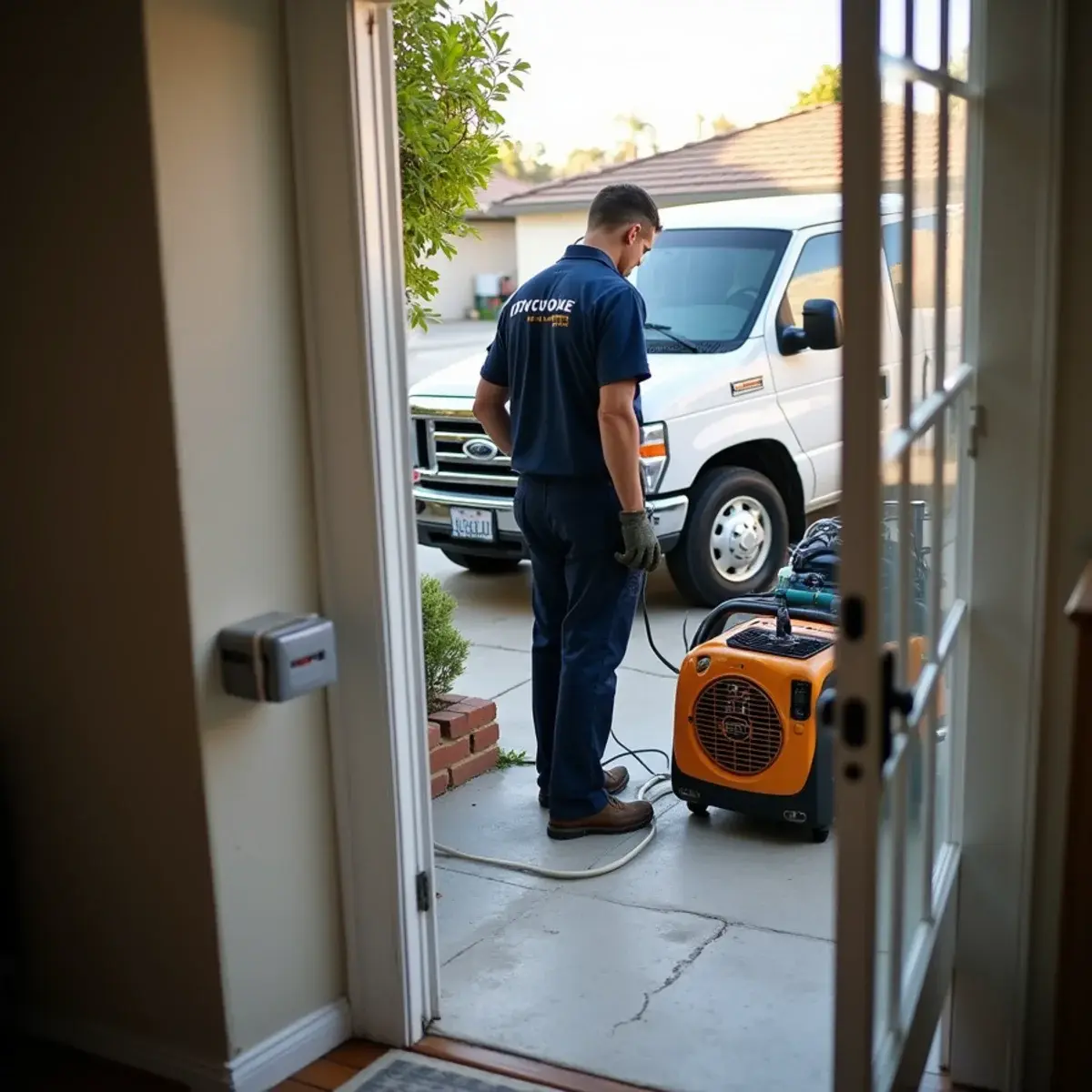Water damage restoration crew working inside a home in Glendale, CA