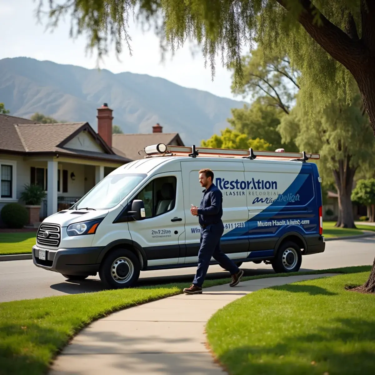 Drycore Restore service truck parked outside a Glendale, CA home during a water damage restoration job