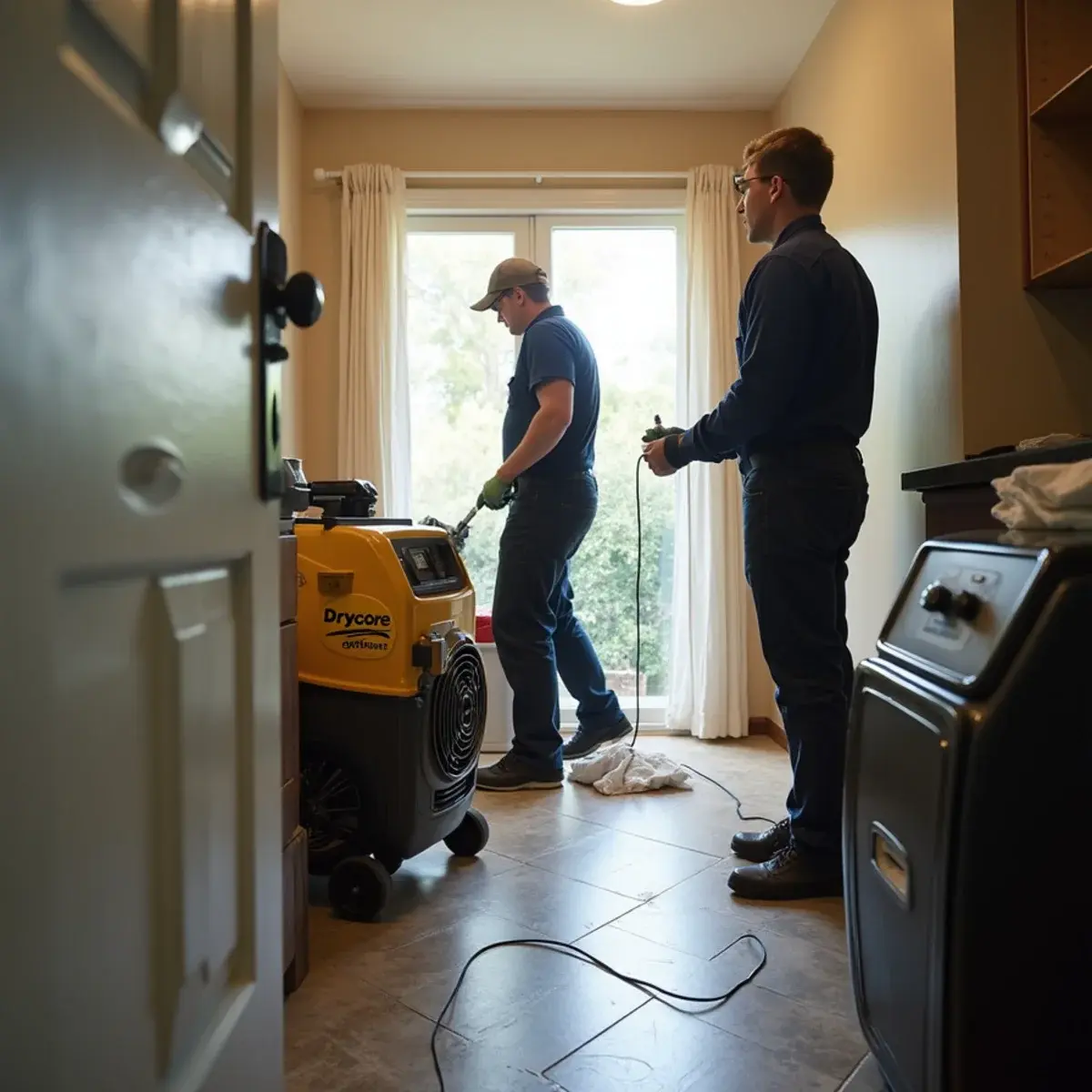 Water damage restoration crew working inside a home in Granada Hills, CA