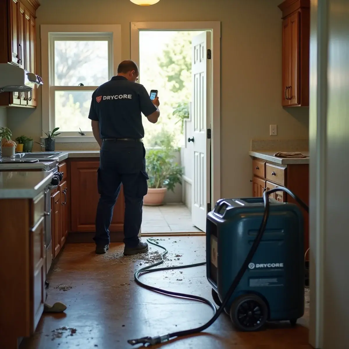 Water damage restoration crew working inside a home in Highland Park, CA