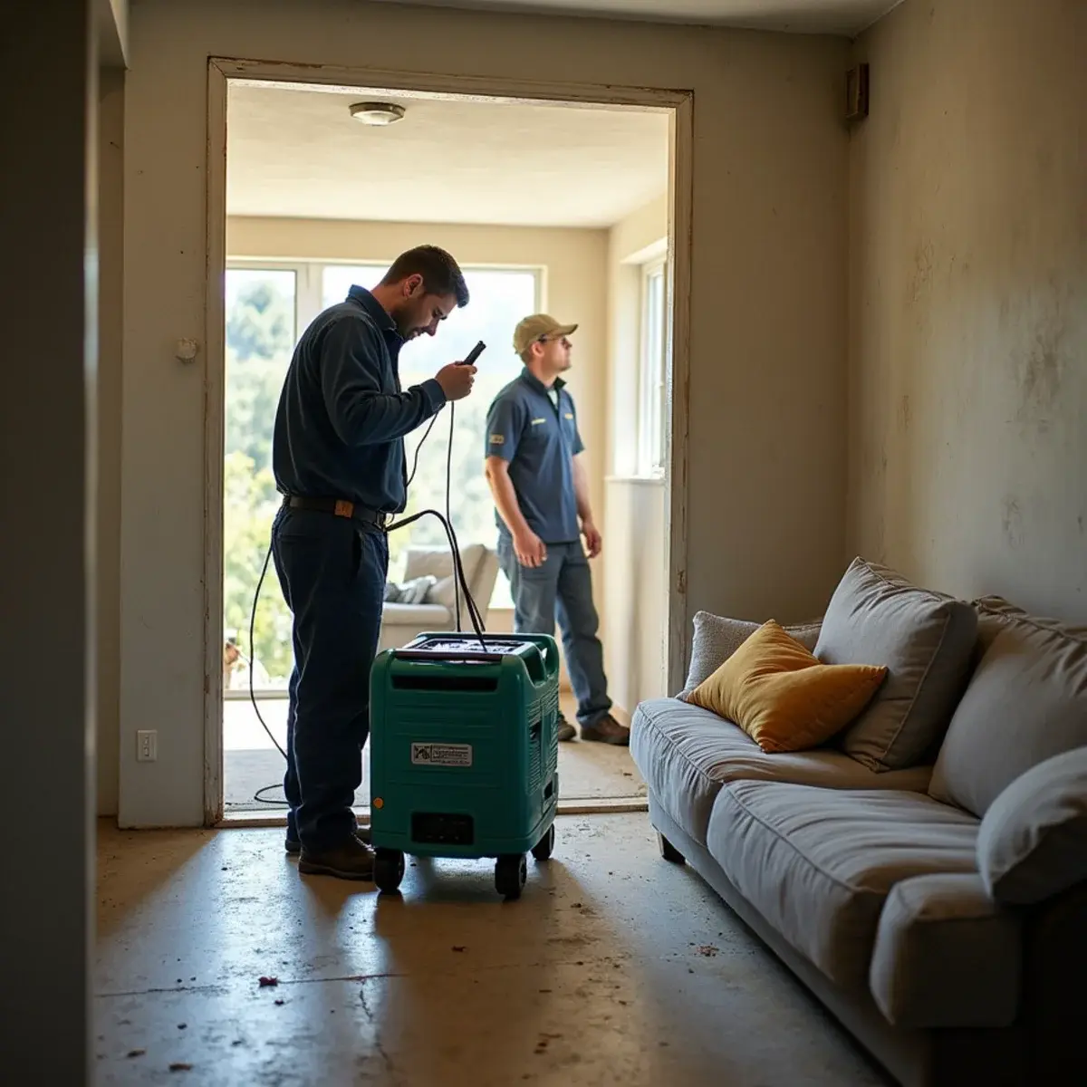 Water damage restoration crew working inside a home in Hollywood Hills, CA