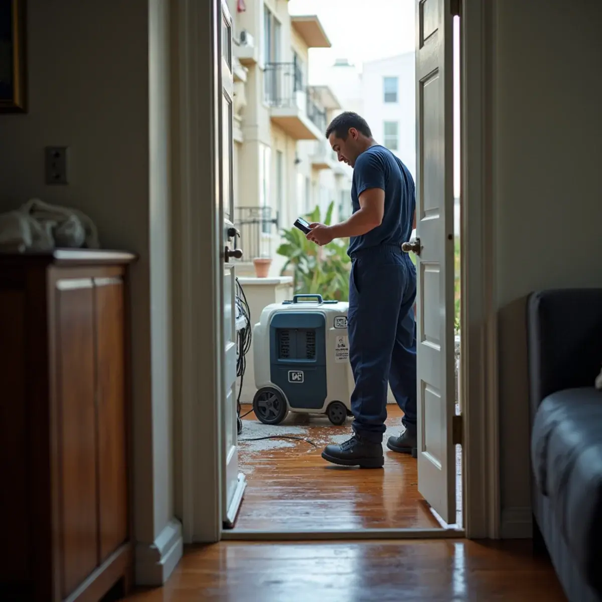 Water damage restoration crew working inside a home in Koreatown, CA