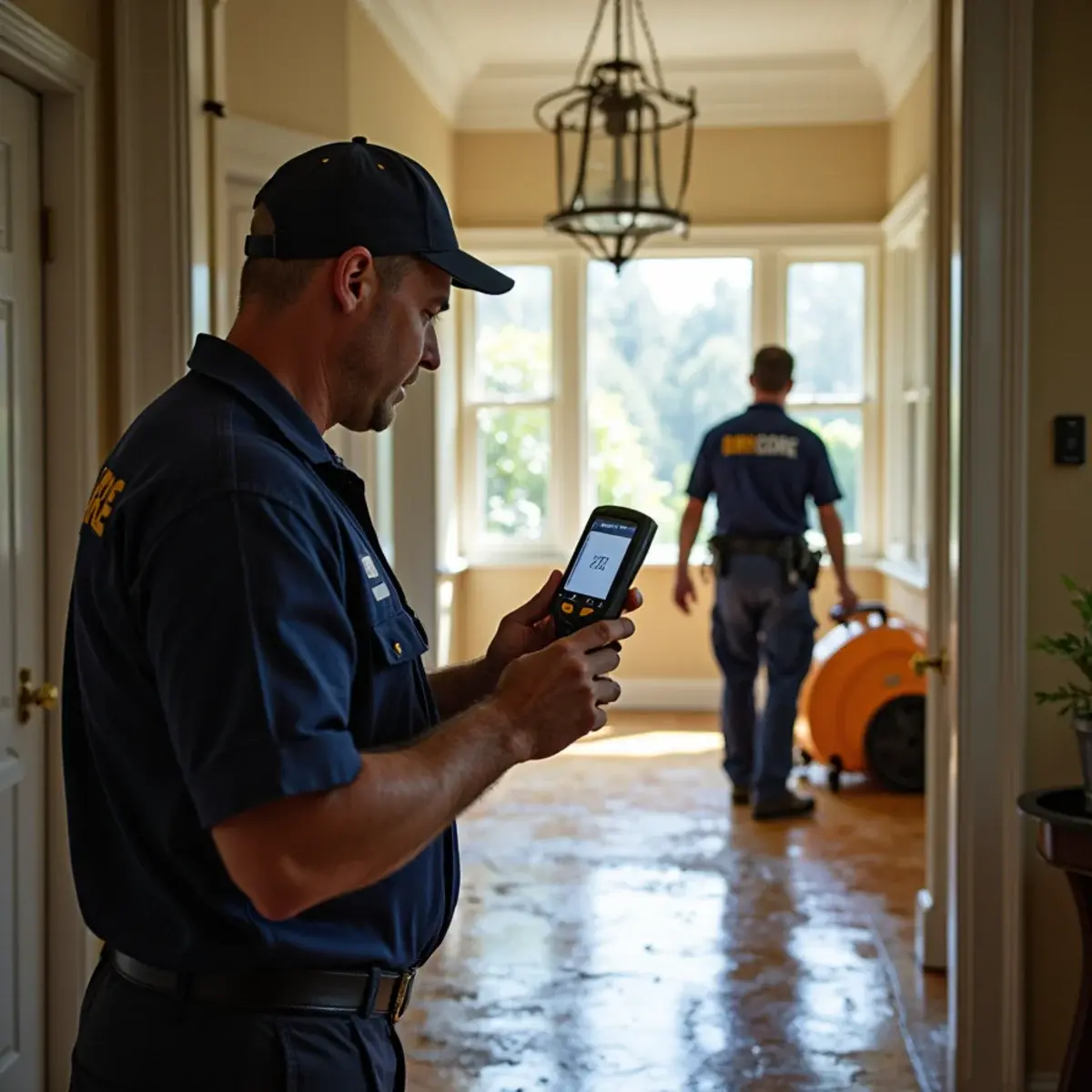 Water damage restoration crew working inside a home in La Cañada Flintridge, CA
