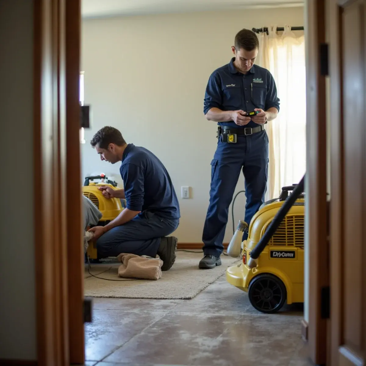 Water damage restoration crew working inside a home in La Crescenta, CA