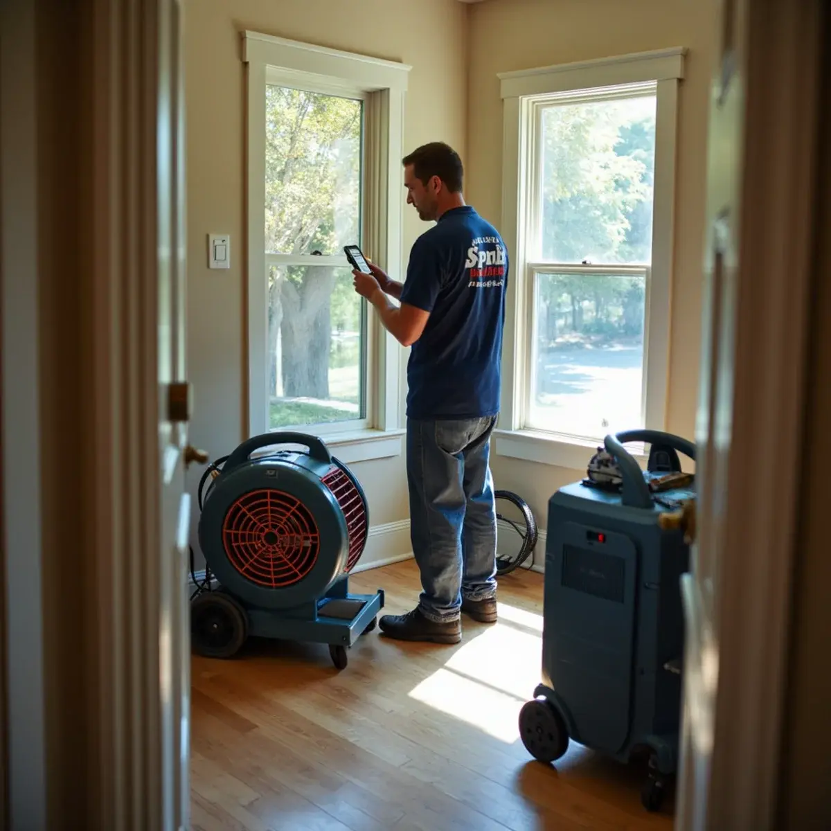 Water damage restoration crew working inside a home in La Verne, CA