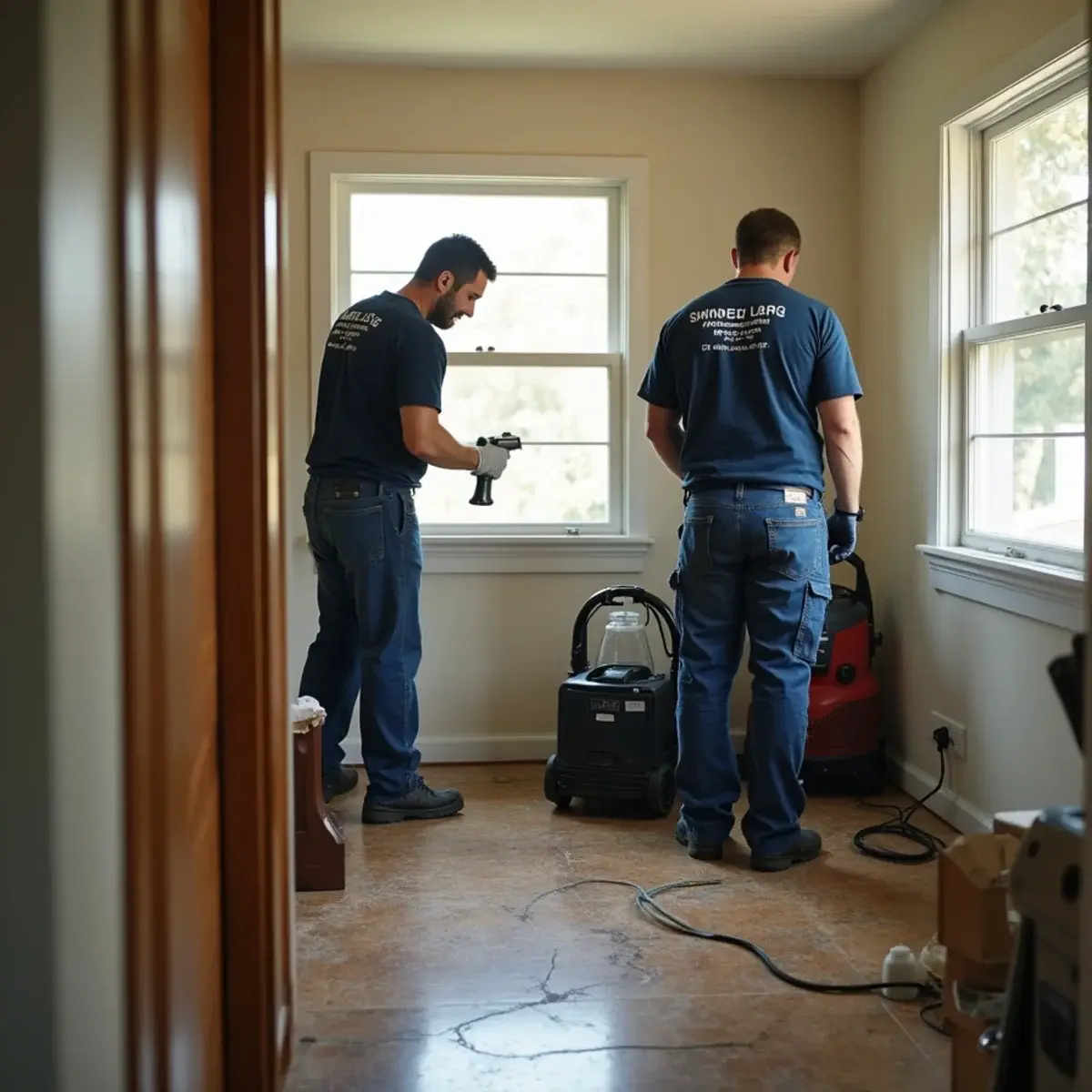 Water damage restoration crew working inside a home in Lake View Terrace, CA