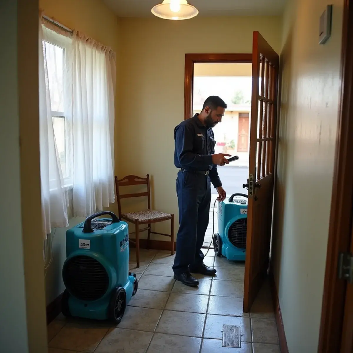 Water damage restoration crew working inside a home in Lincoln Heights, CA