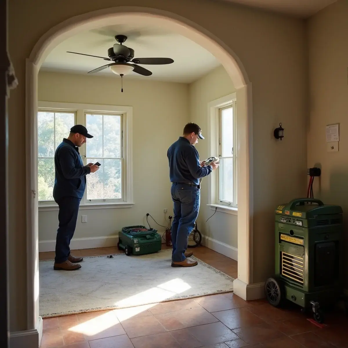 Water damage restoration crew working inside a home in Los Feliz, CA