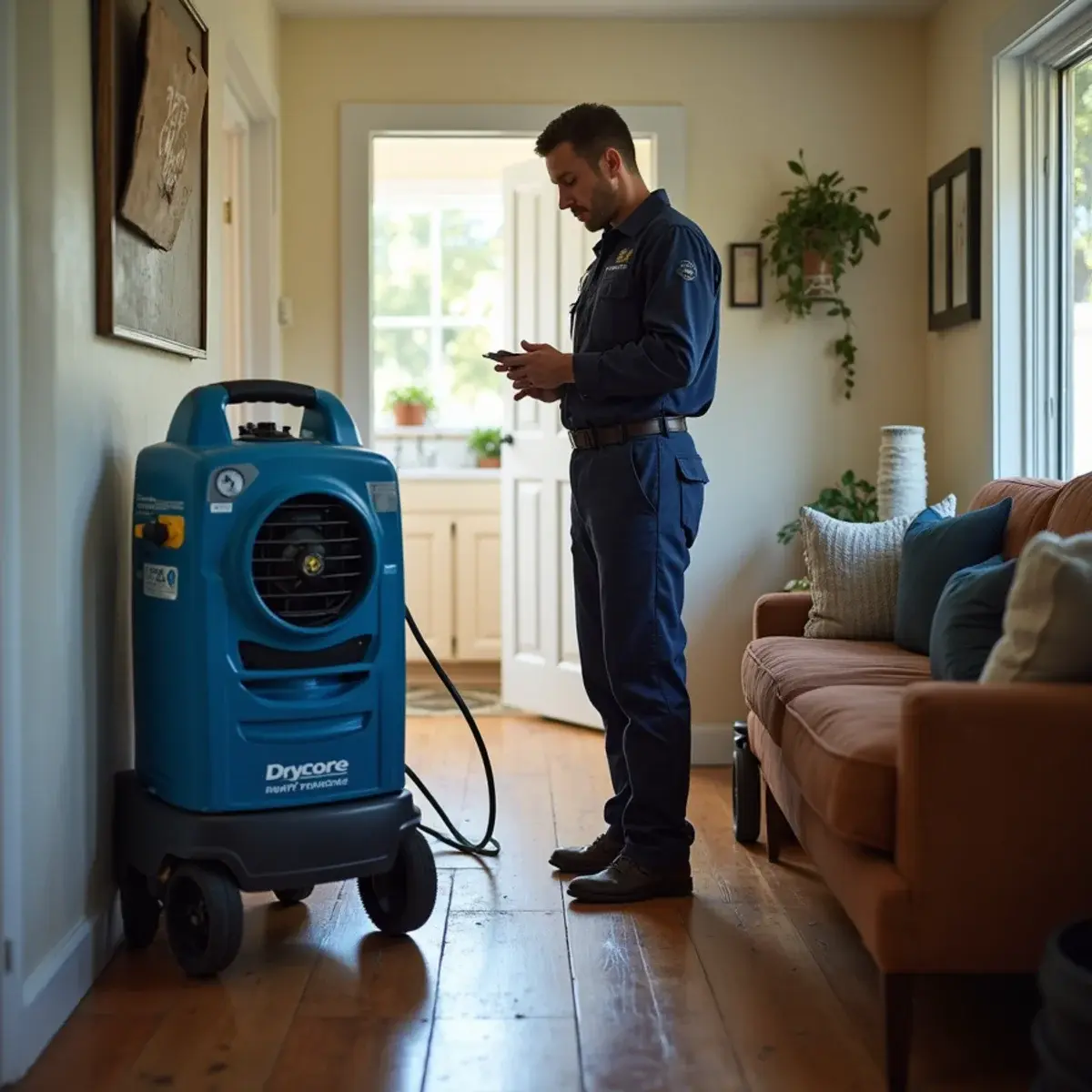 Water damage restoration crew working inside a home in Mission Hills, CA