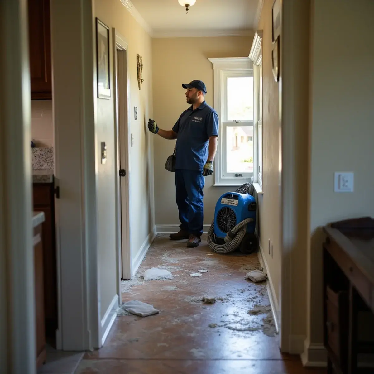 Water damage restoration crew working inside a home in Monrovia, CA