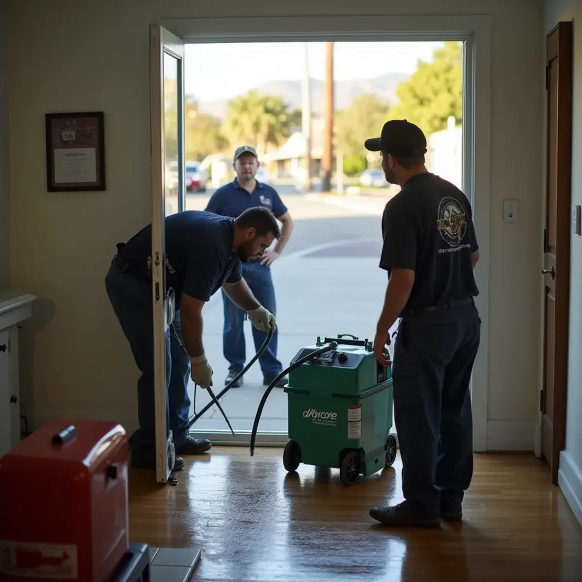 Water damage restoration crew working inside a home in Montrose, CA