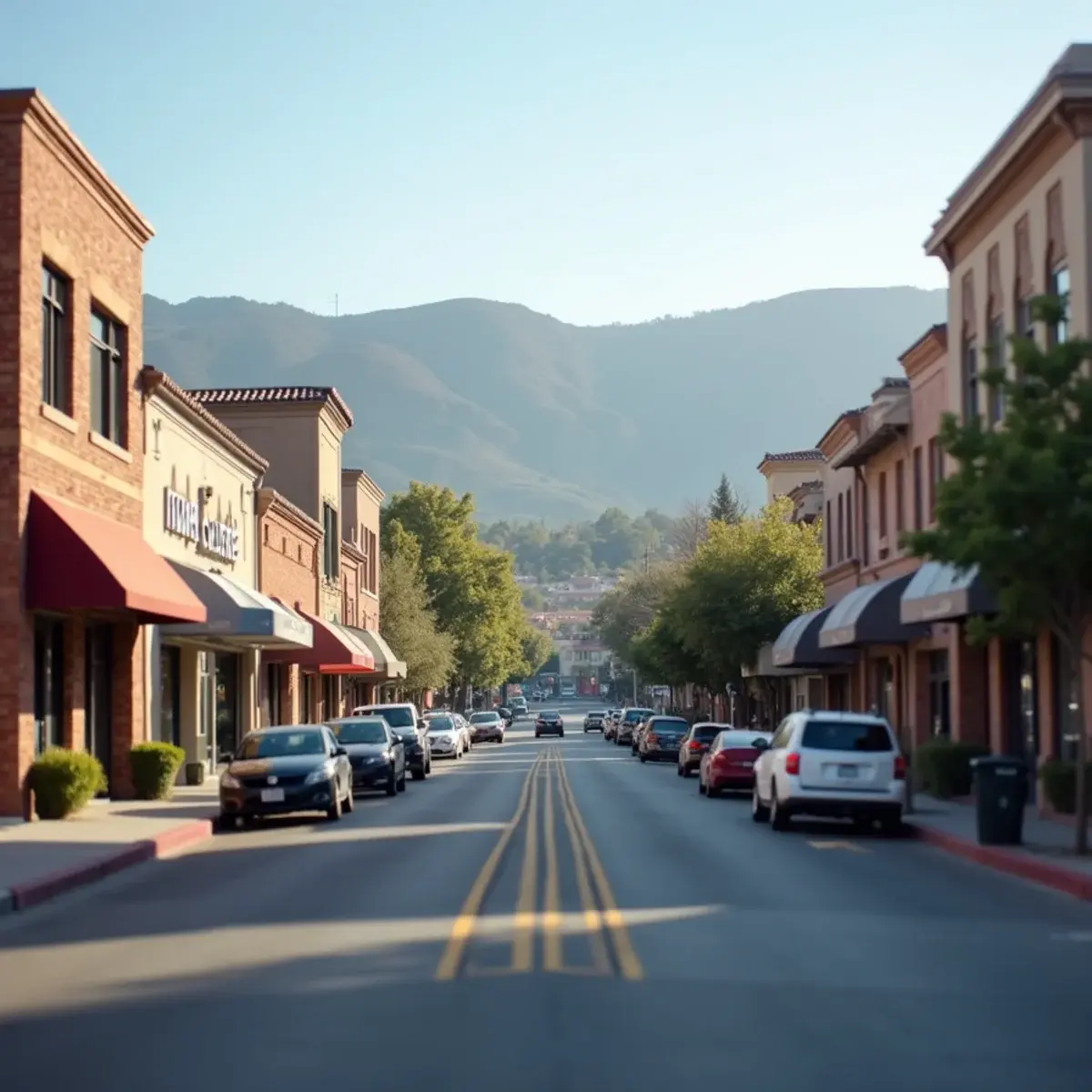 Historic Montrose, CA shopping district street with foothill homes in the background