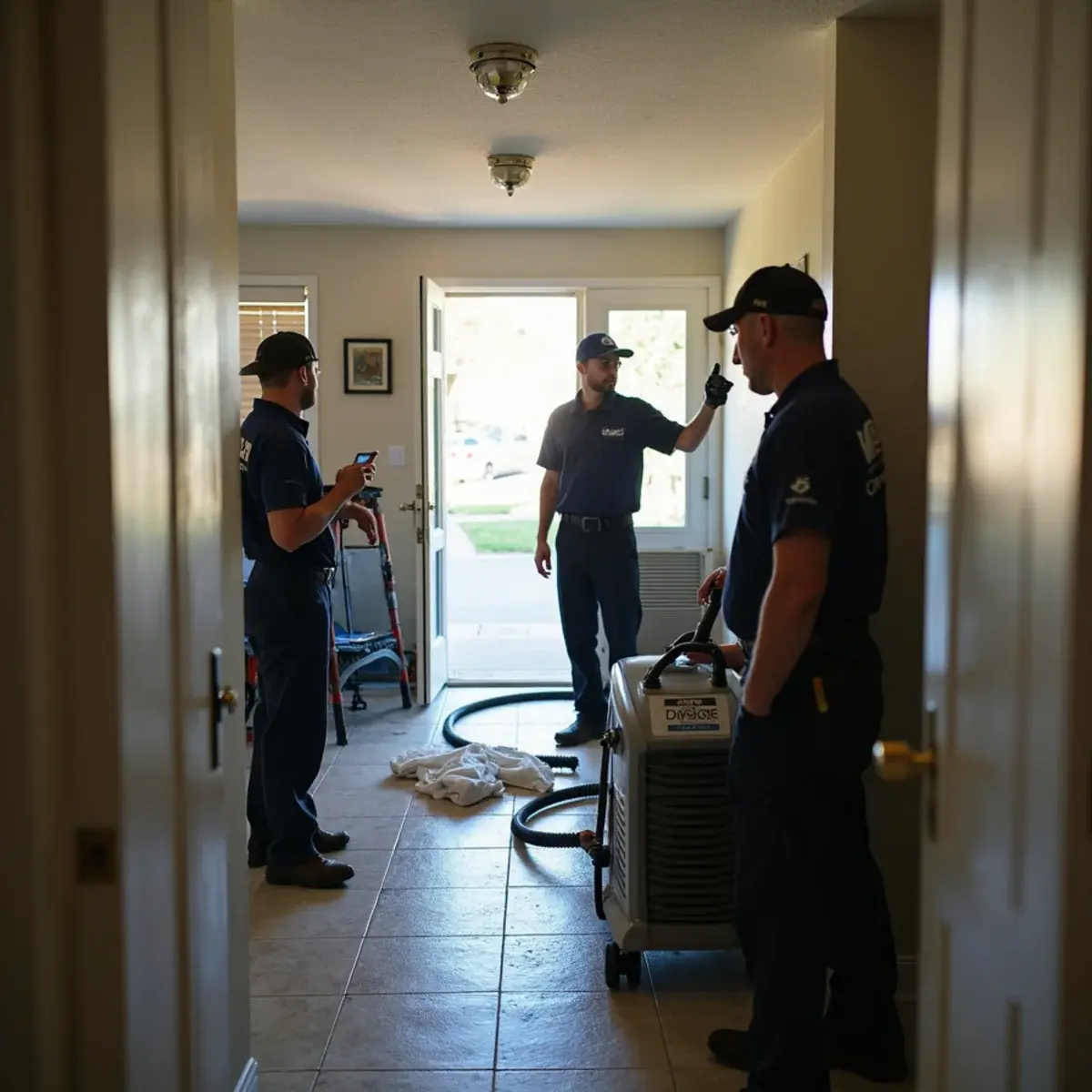 Water damage restoration crew working inside a home in North Hills, CA