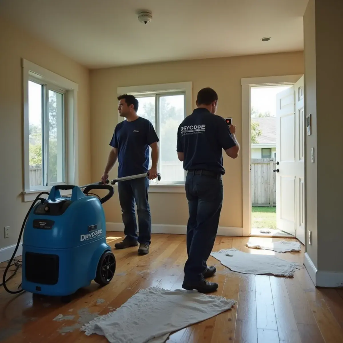 Water damage restoration crew working inside a home in Northridge, CA