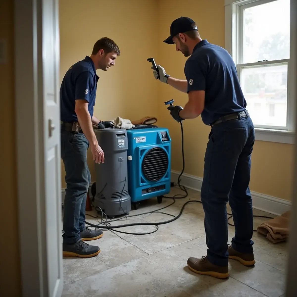 Water damage restoration crew working inside a home in Pasadena, CA