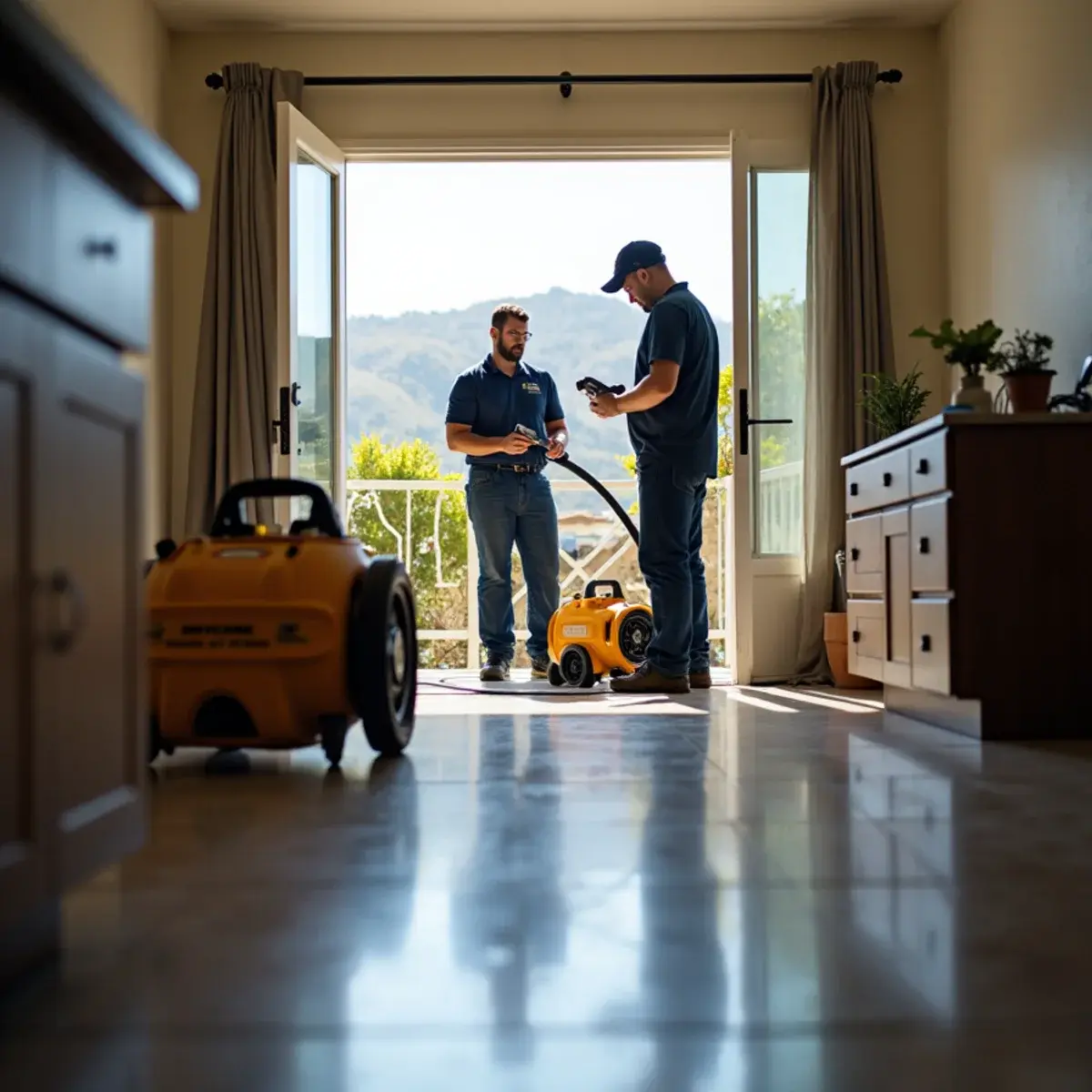 Water damage restoration crew working inside a home in San Dimas, CA