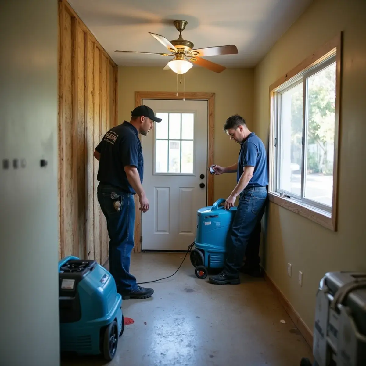 Water damage restoration crew working inside a home in San Fernando, CA
