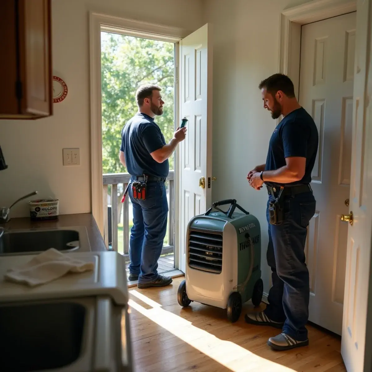 Water damage restoration crew working inside a home in Sierra Madre, CA
