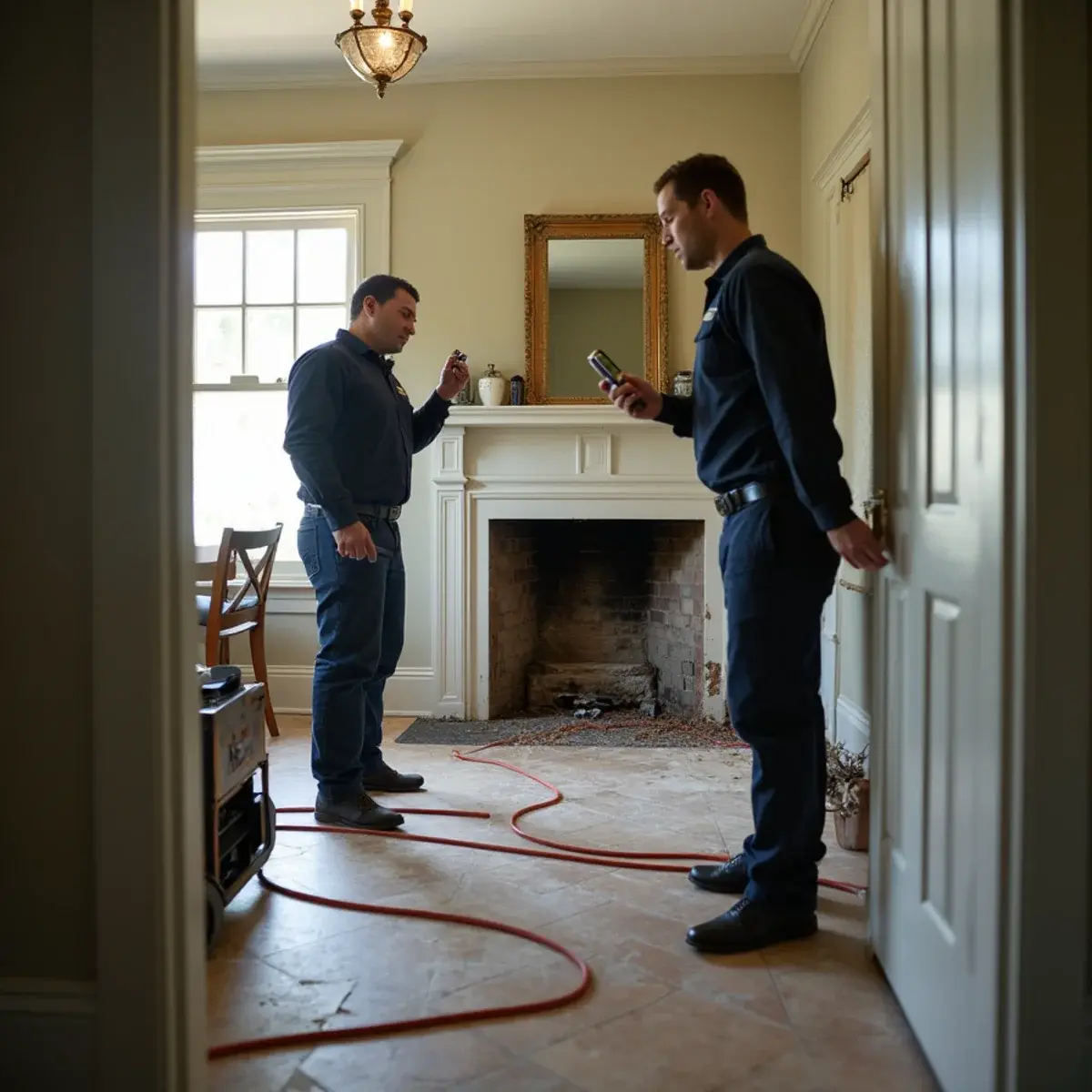 Water damage restoration crew working inside a home in South Pasadena, CA