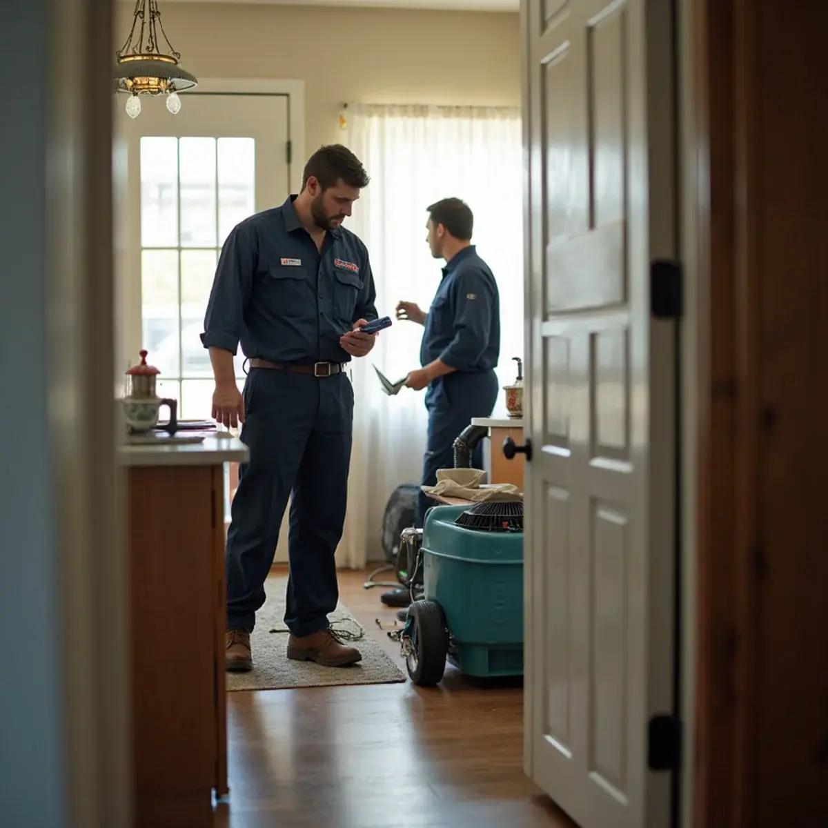 Water damage restoration crew working inside a home in Sparr Heights, CA