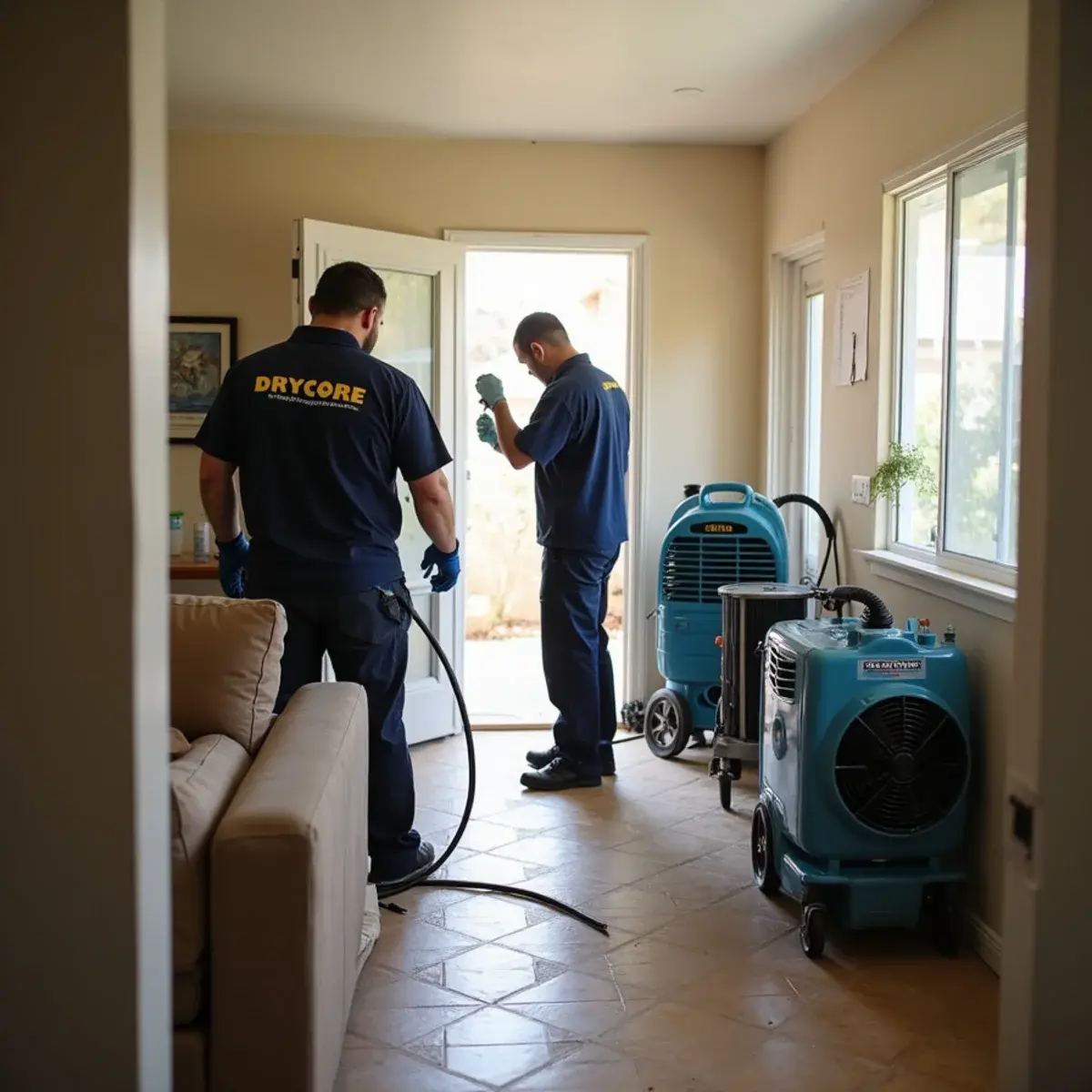 Water damage restoration crew working inside a home in Sunland, CA
