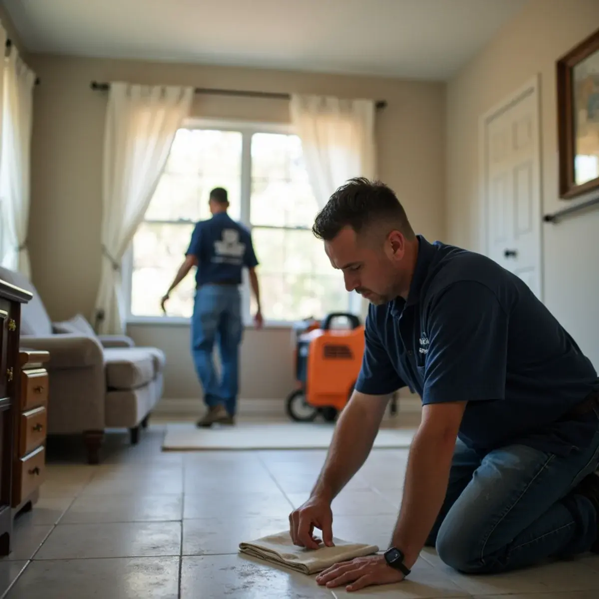 Water damage restoration crew working inside a home in Tarzana, CA
