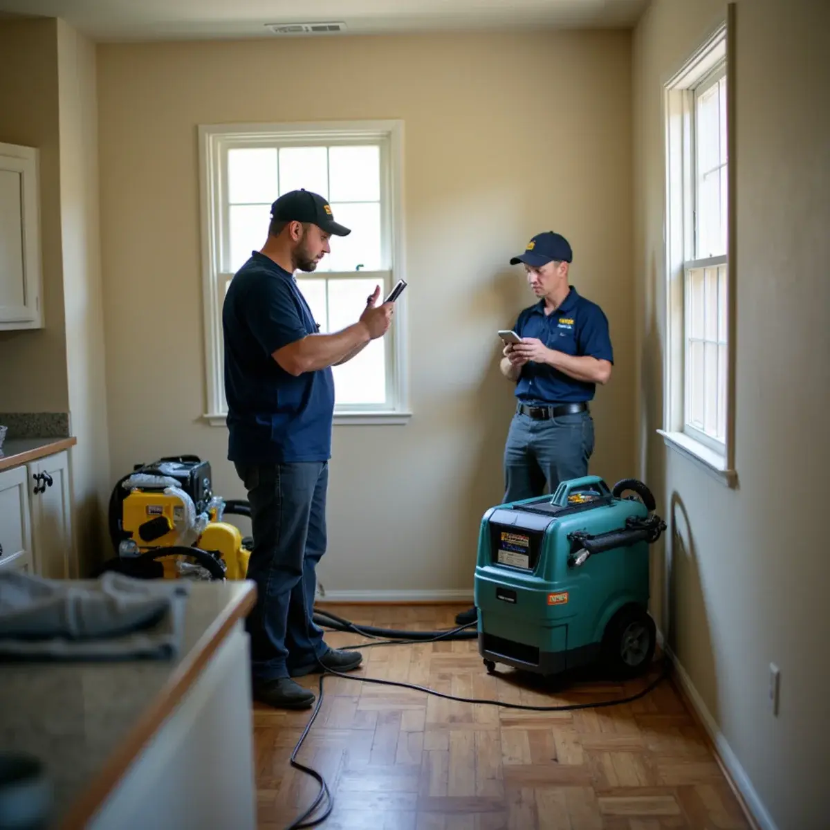 Water damage restoration crew working inside a home in Tujunga, CA