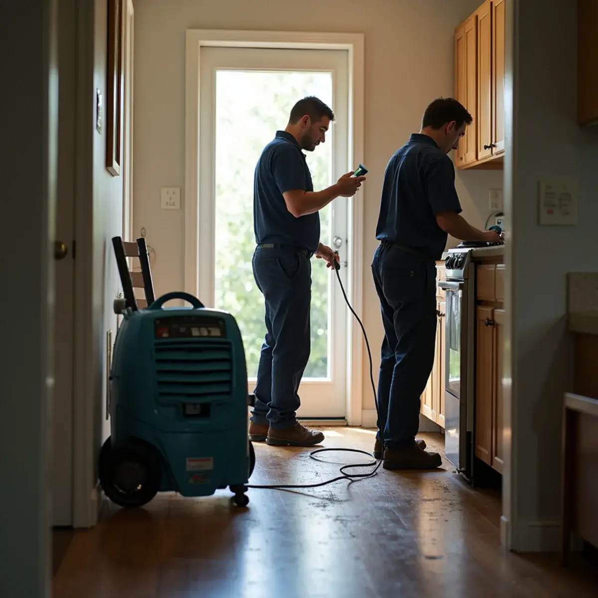 Water damage restoration crew working inside a home in Valley Village, CA