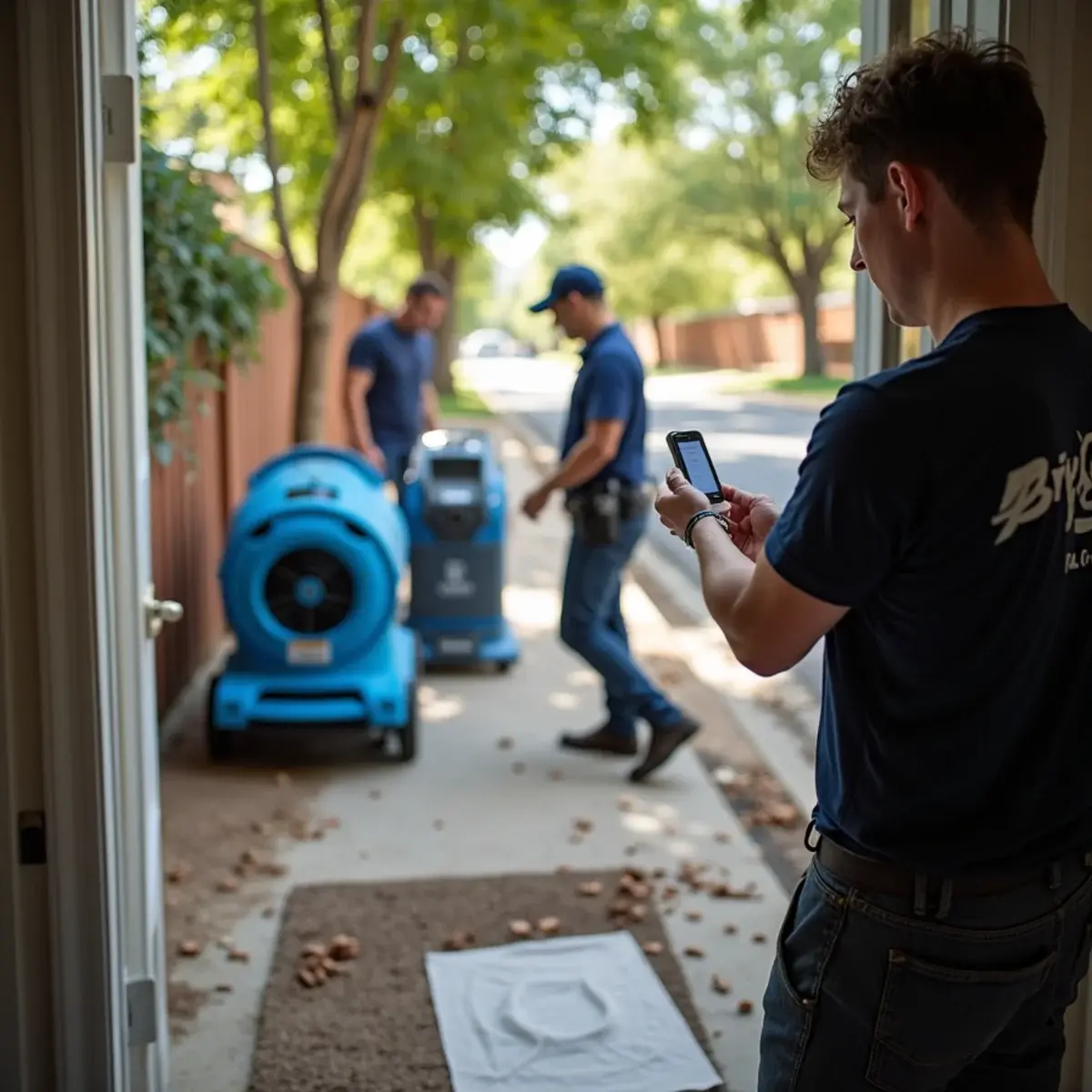 Water damage restoration crew working inside a home in Verdugo Woodlands, CA