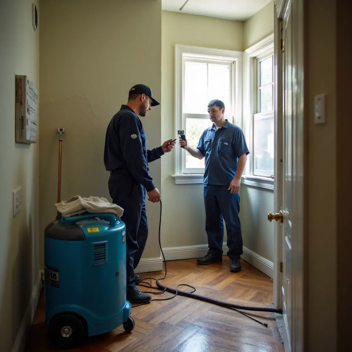 Water damage restoration crew working inside a home in Westlake, CA