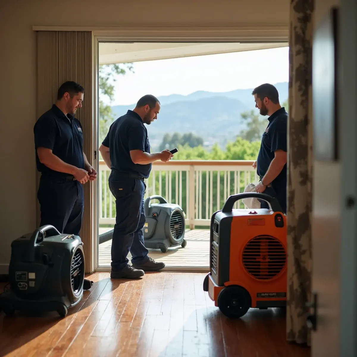 Water damage restoration crew working inside a home in Woodland Hills, CA