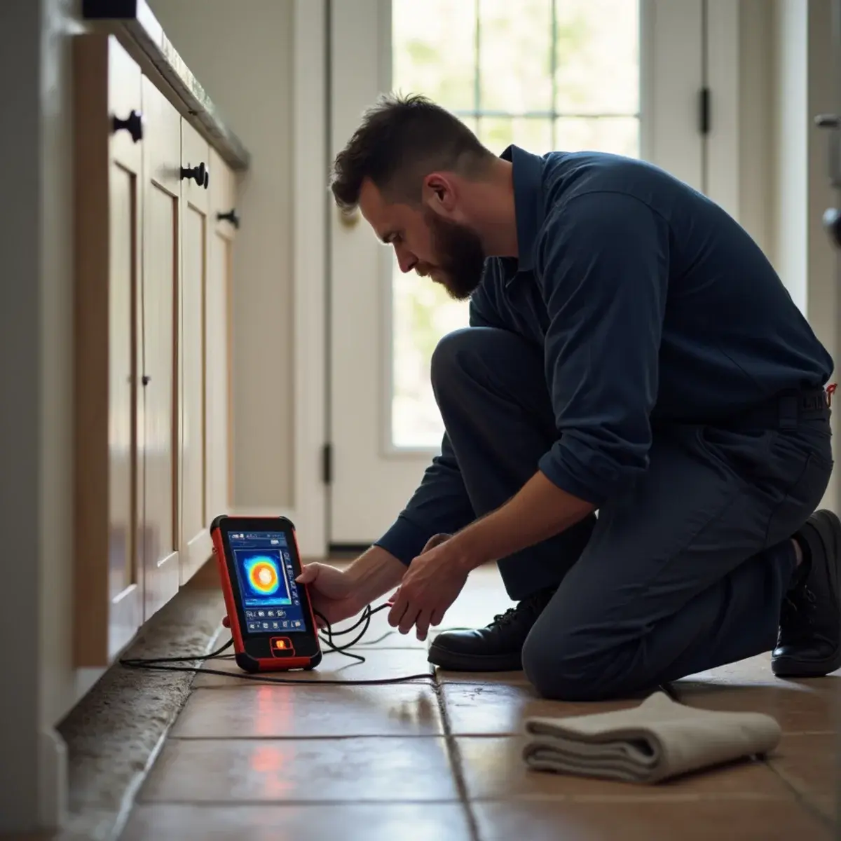 Technician using a thermal camera on tile to trace a hot-water line leaking beneath the slab