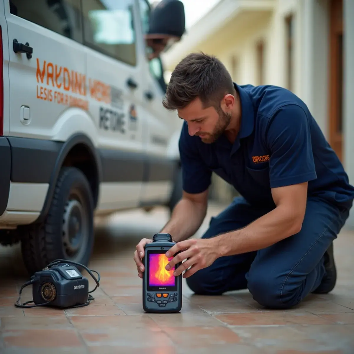 Technician using thermal imaging to locate a slab leak under the floor of a Glendale, CA home