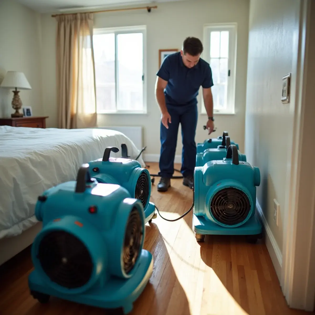 Bedroom set up as a drying chamber with four air movers along the baseboards and an LGR dehumidifier running