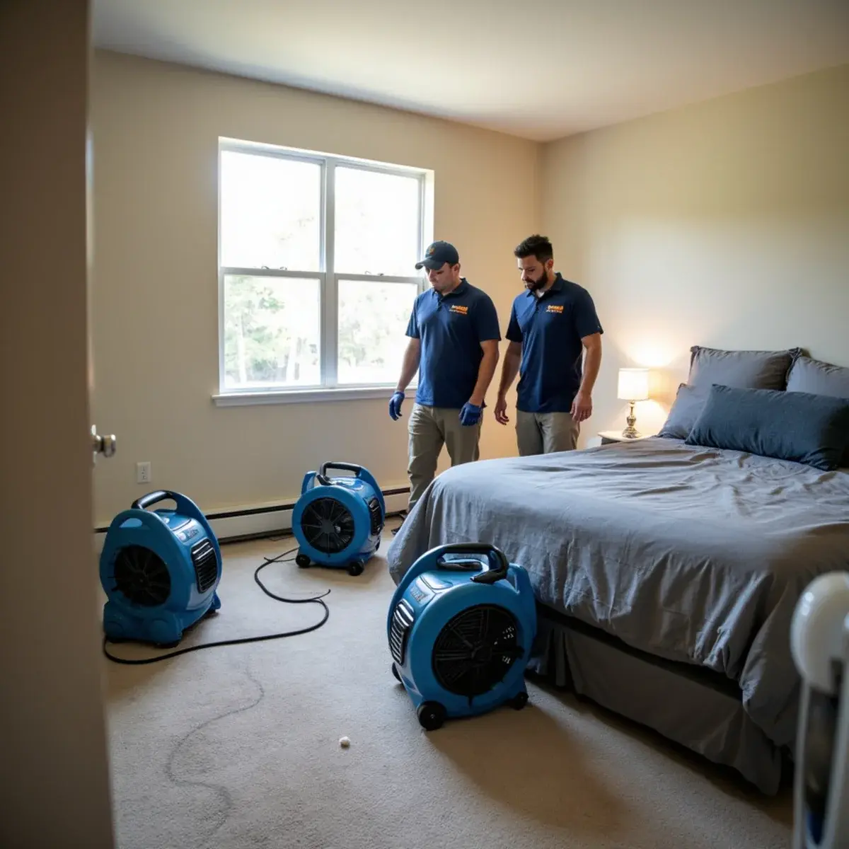 Air movers and industrial dehumidifiers drying a water damaged wall in a Glendale, CA house