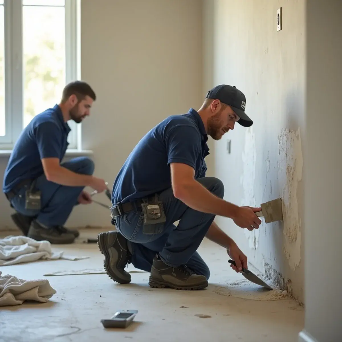 Carpenter fitting new drywall into a flood-cut wall while a second worker hand-matches the wall texture
