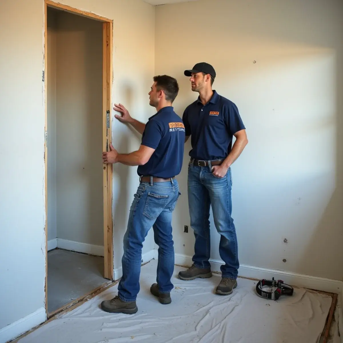 Carpenter installing new drywall and baseboard during water damage reconstruction in a Glendale, CA home