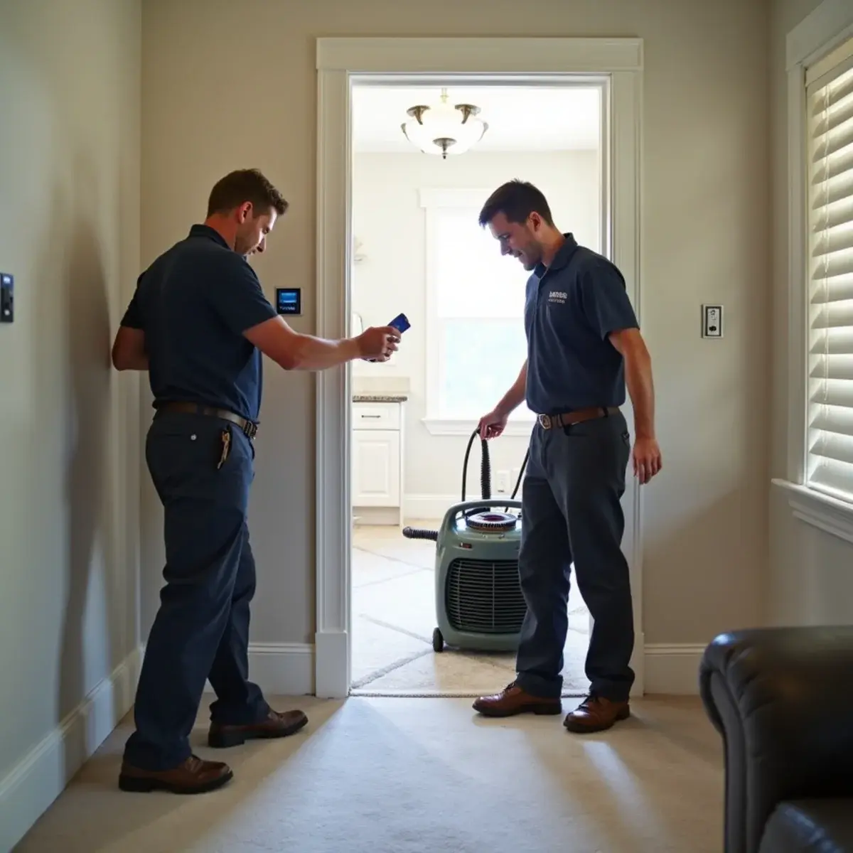Two Drycore technicians drying a Glendale living room, one taking a pin-meter reading while the other sets an air mover
