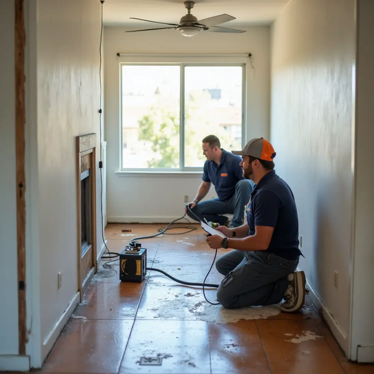 Drycore Restore technician setting up drying equipment after water damage in a Glendale, CA living room