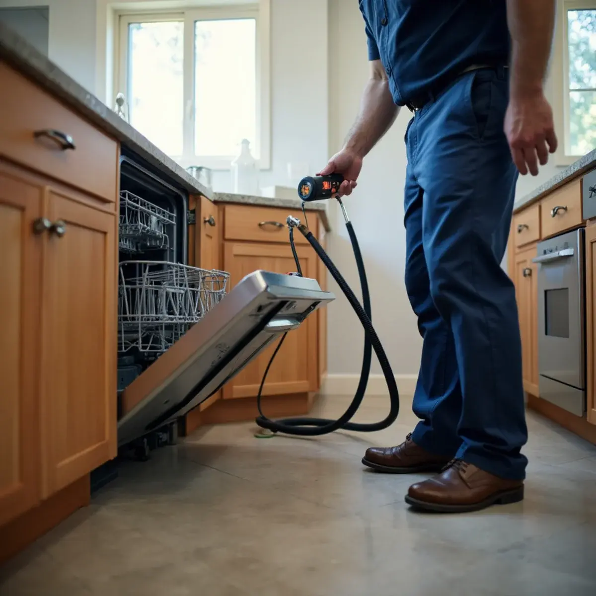 Dishwasher pulled out from the cabinet run with the toe-kick removed and drying air fed into the cabinet cavity