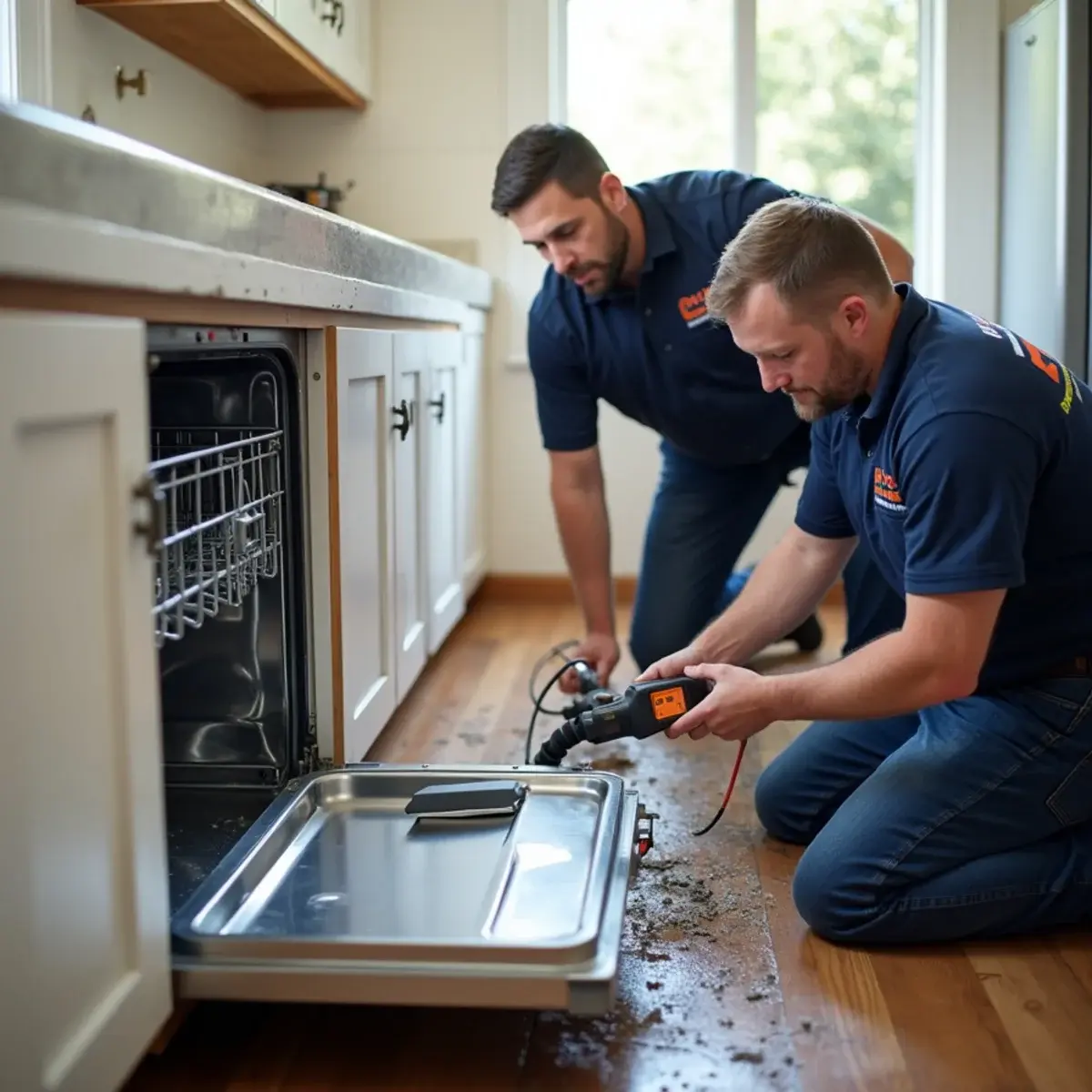 Technician drying under kitchen cabinets after a dishwasher leak in a Glendale, CA home