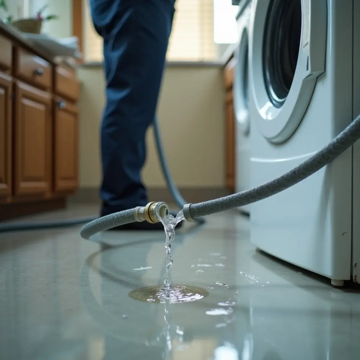 Burst rubber washing machine supply hose split at the crimp with water across the laundry floor