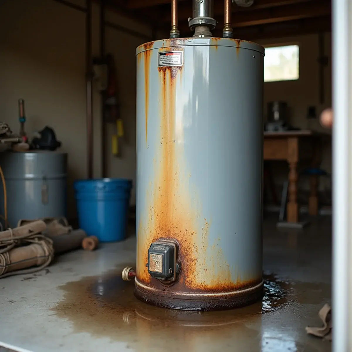 Corroded water heater rusting in its drain pan with water pooled around the base in a garage