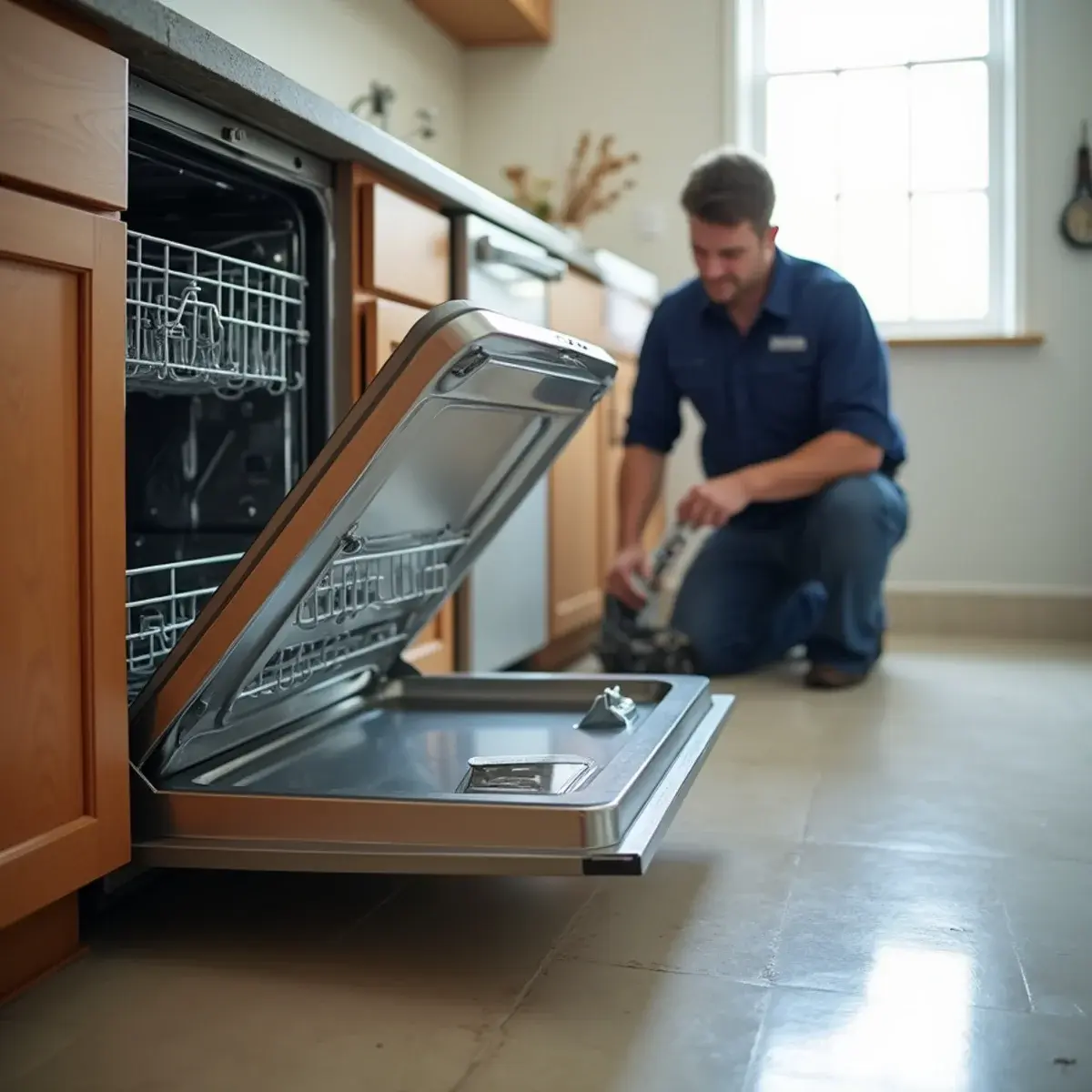 Dishwasher pulled from the cabinet run showing a swollen toe-kick and stained subfloor